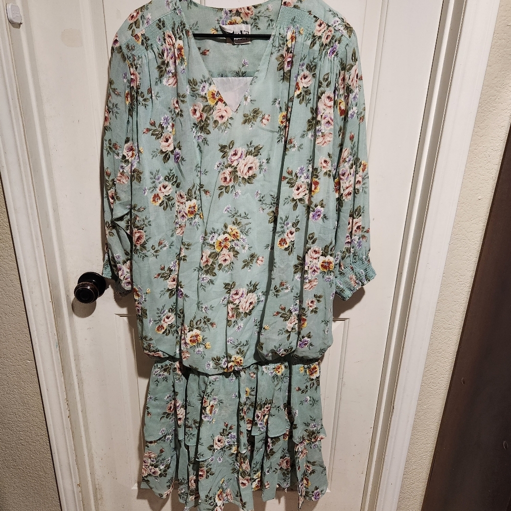 Vintage mint green floral long sleeve ruffle dress Cottagecore 80s Prairie Boho